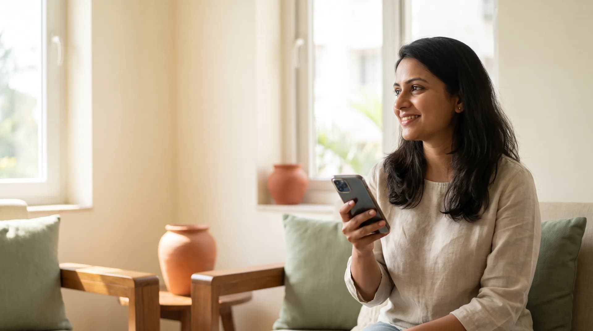 Woman holding a smartphone at home